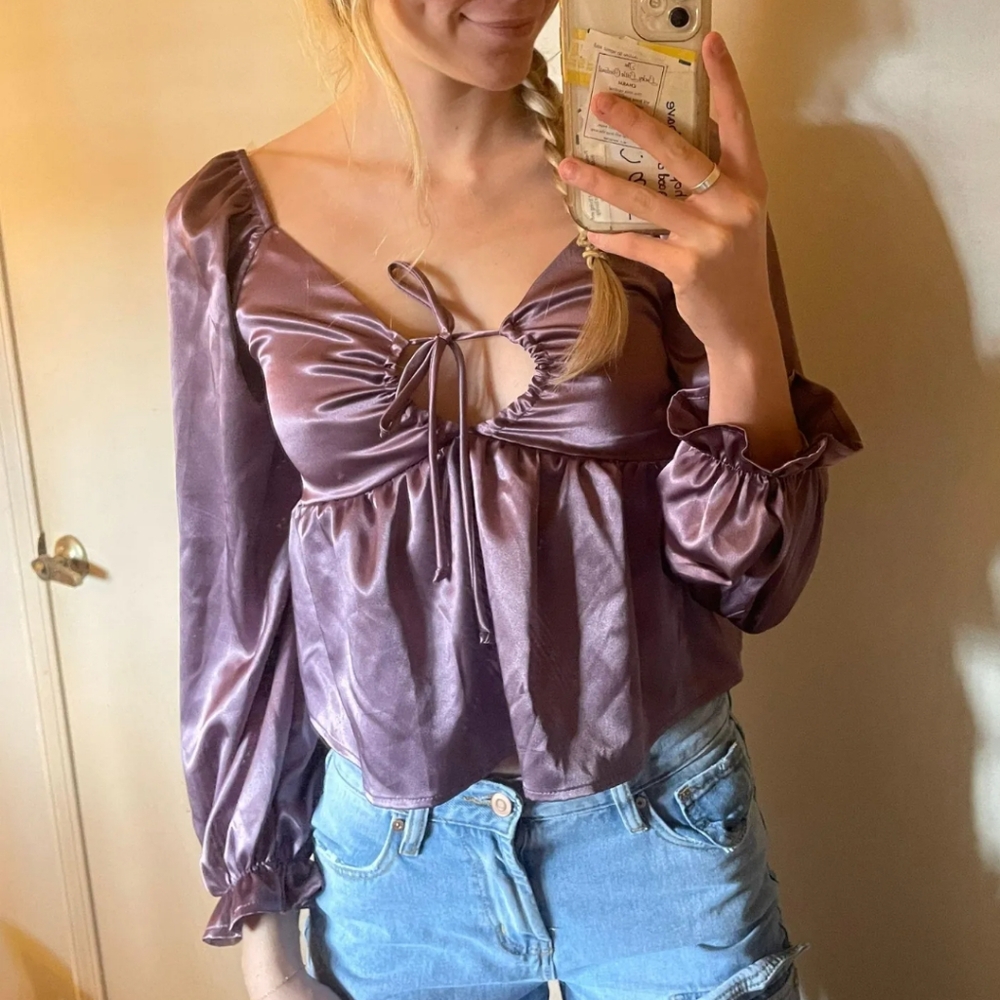 Altar'd State satin pink purple long sleeve peplum blouse with cutout in the bus
